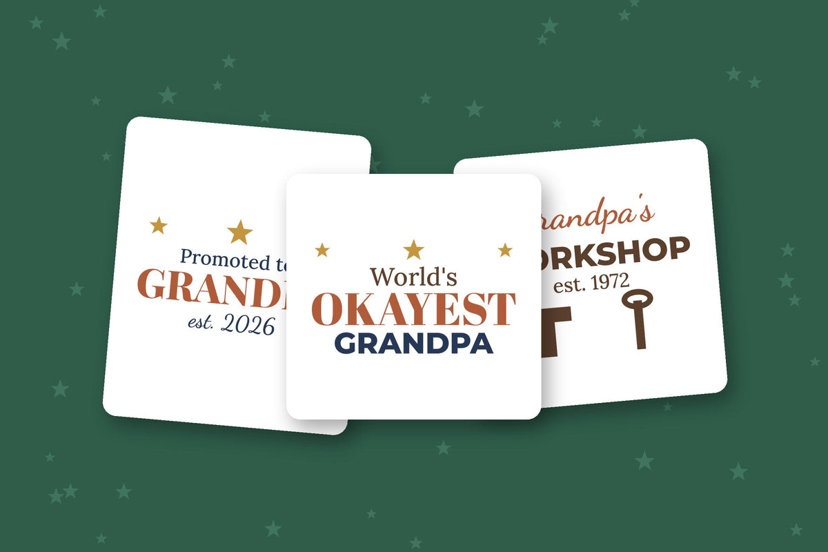 Gifts for Grandpa: Promoted to Grandpa tee, World's Okayest Grandpa mug and workshop apron