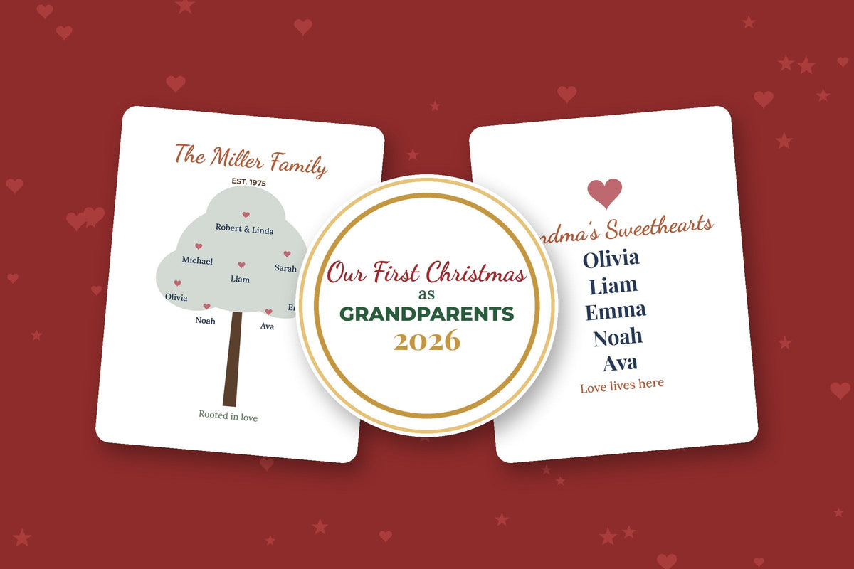 Holiday gifts for grandparents: family tree poster, first Christmas ornament and grandkids' names blanket