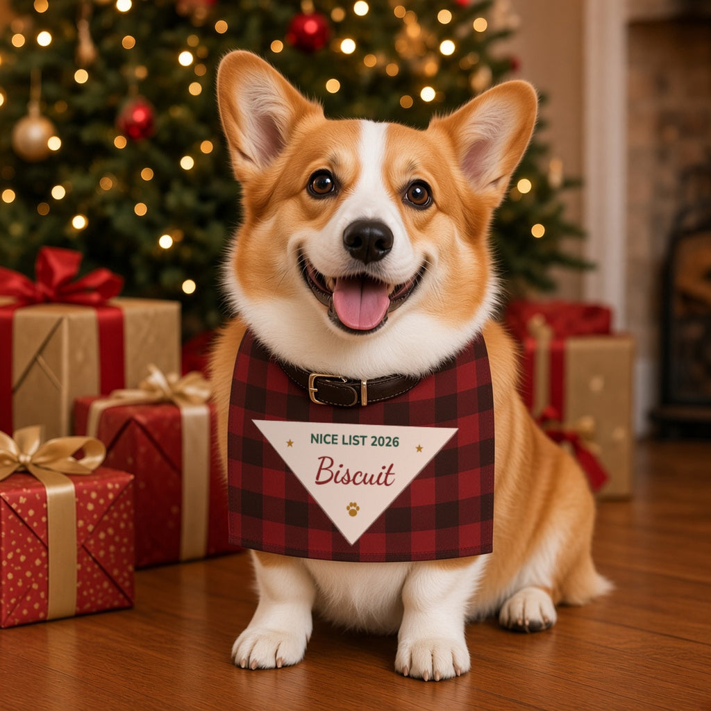 Corgi next to Christmas presents wearing the Nice List Personalized Holiday Pet Bandana, folded in half and tied over its collar. Shown with sample name.