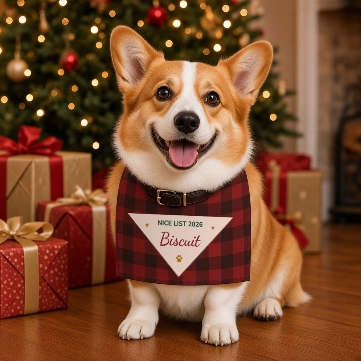 Corgi next to Christmas presents wearing the Nice List Personalized Holiday Pet Bandana, folded in half and tied over its collar. Shown with sample name.