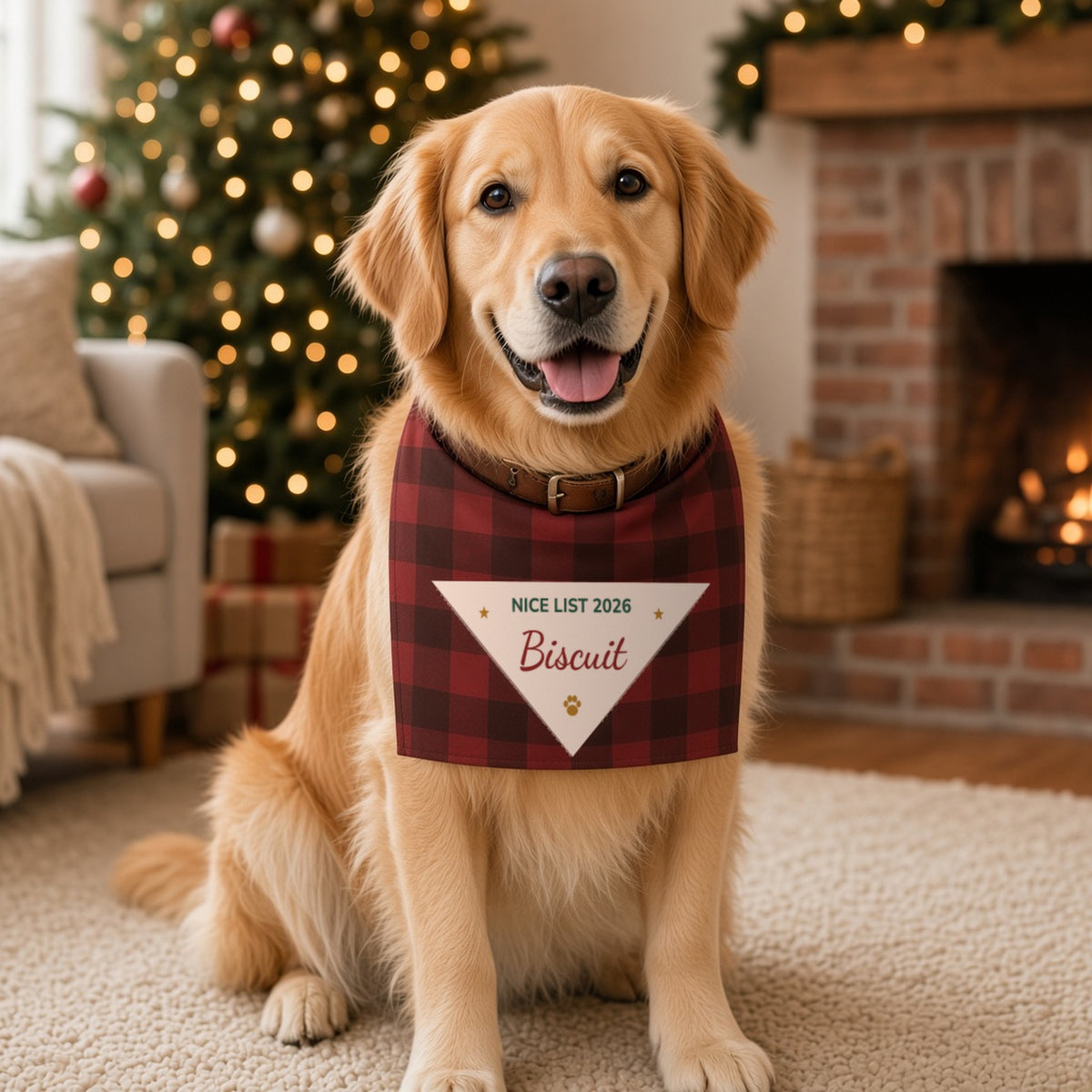 Golden retriever by the Christmas tree wearing the Nice List Personalized Holiday Pet Bandana, folded in half and tied over its collar. Shown with sample name.