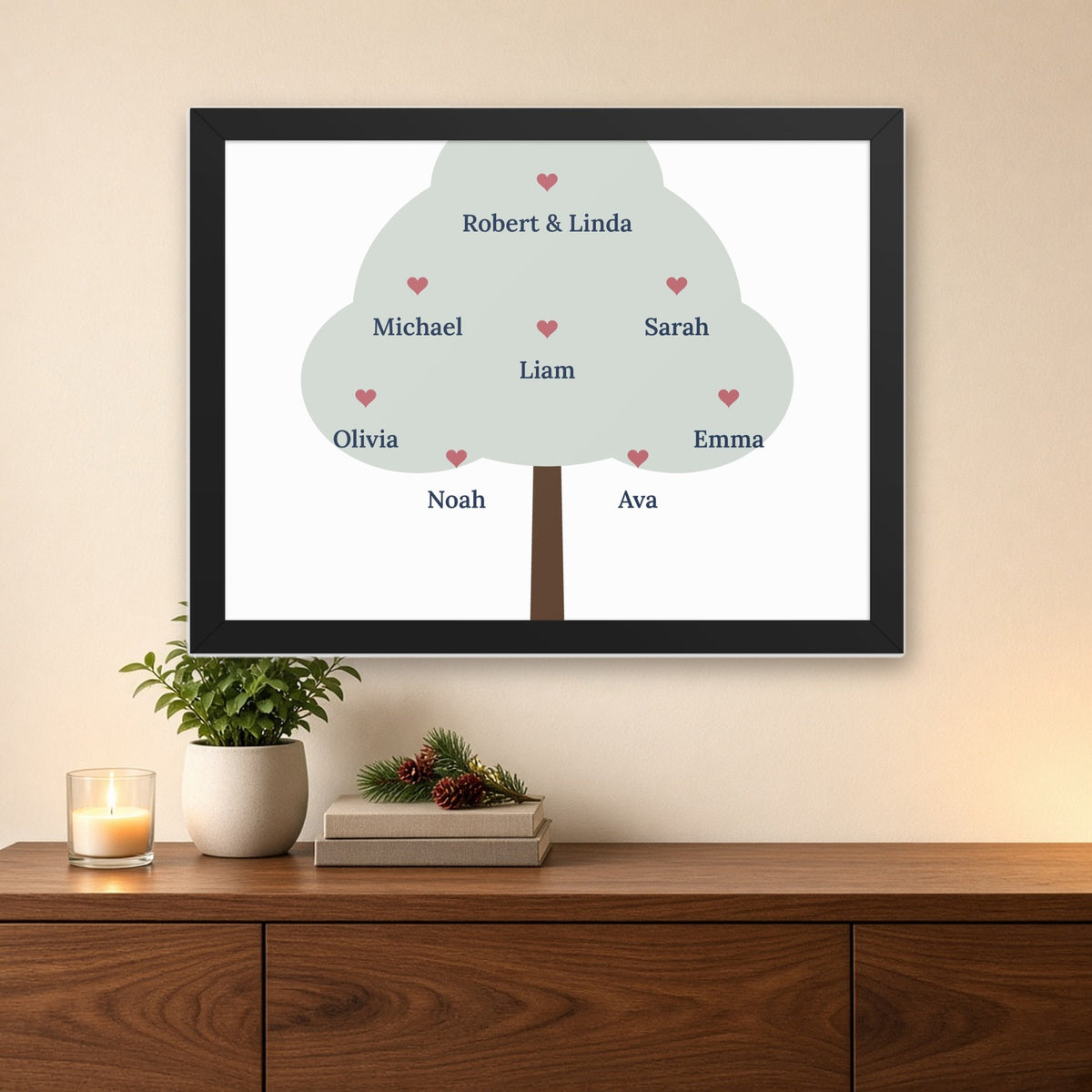 Family Tree Custom Names Framed Poster, shown in a cozy setting