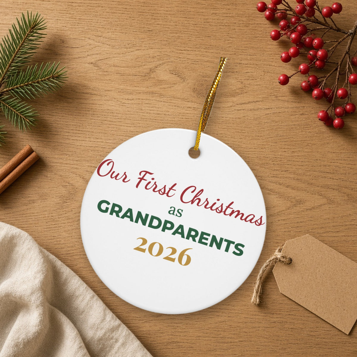 First Christmas as Grandparents Ornament, shown in a cozy setting