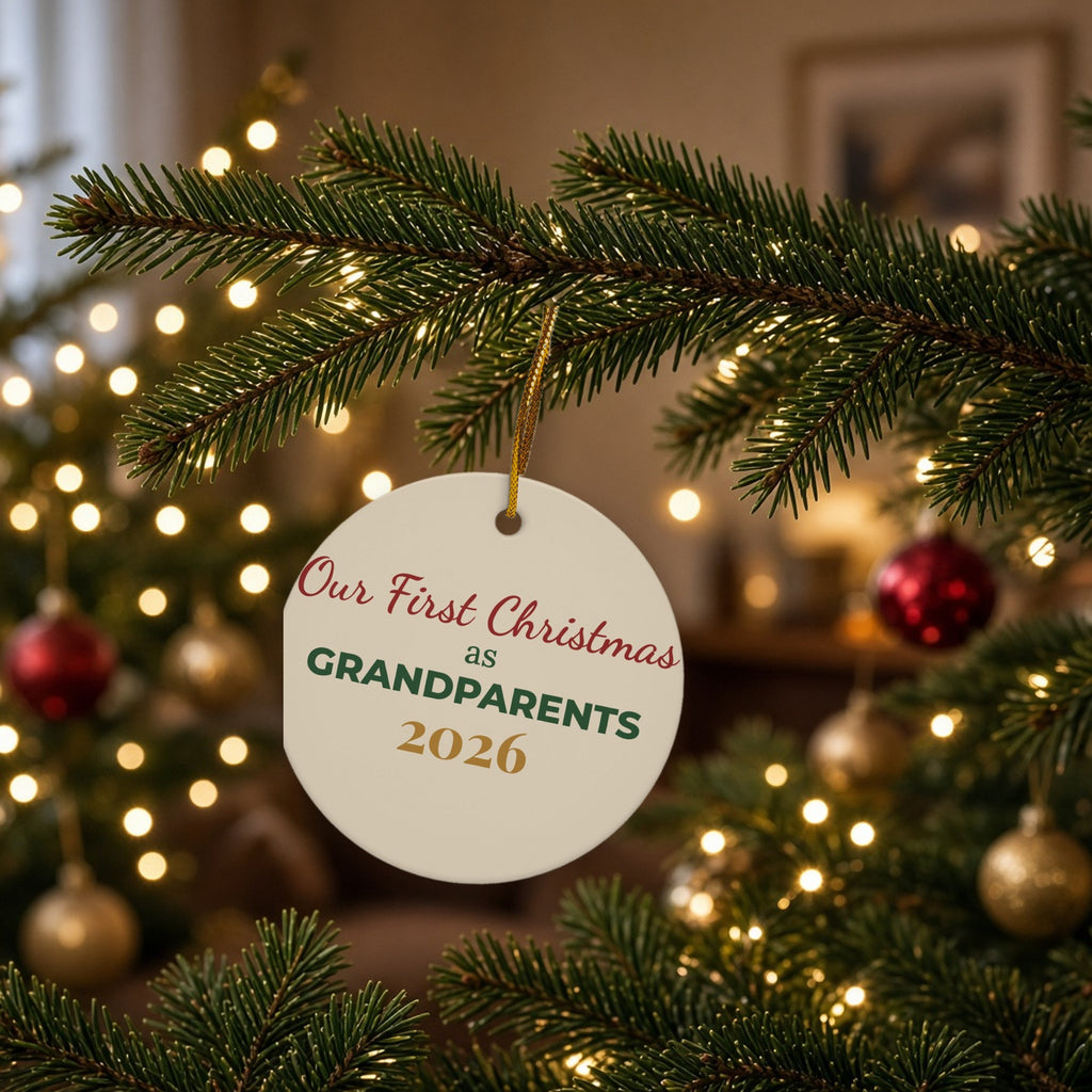 Our First Christmas as Grandparents ornament hanging on a Christmas tree