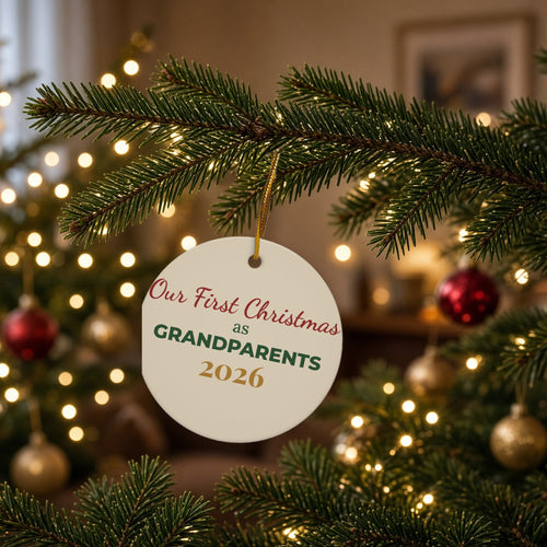 Our First Christmas as Grandparents ornament hanging on a Christmas tree