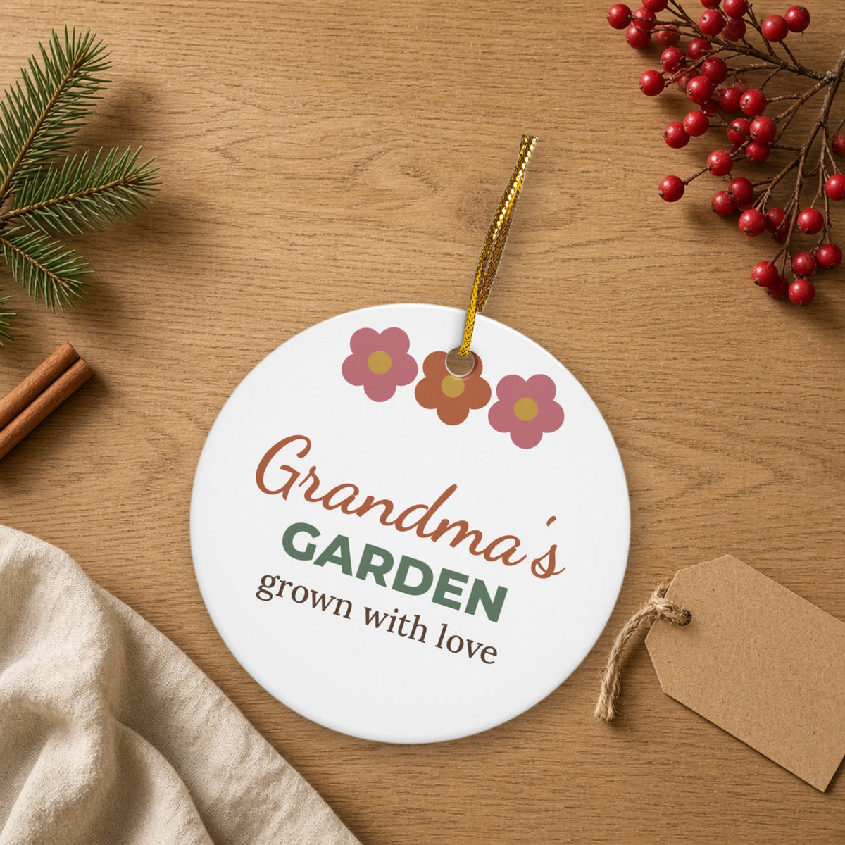 Grandma's Garden Ceramic Christmas Ornament, shown in a cozy setting
