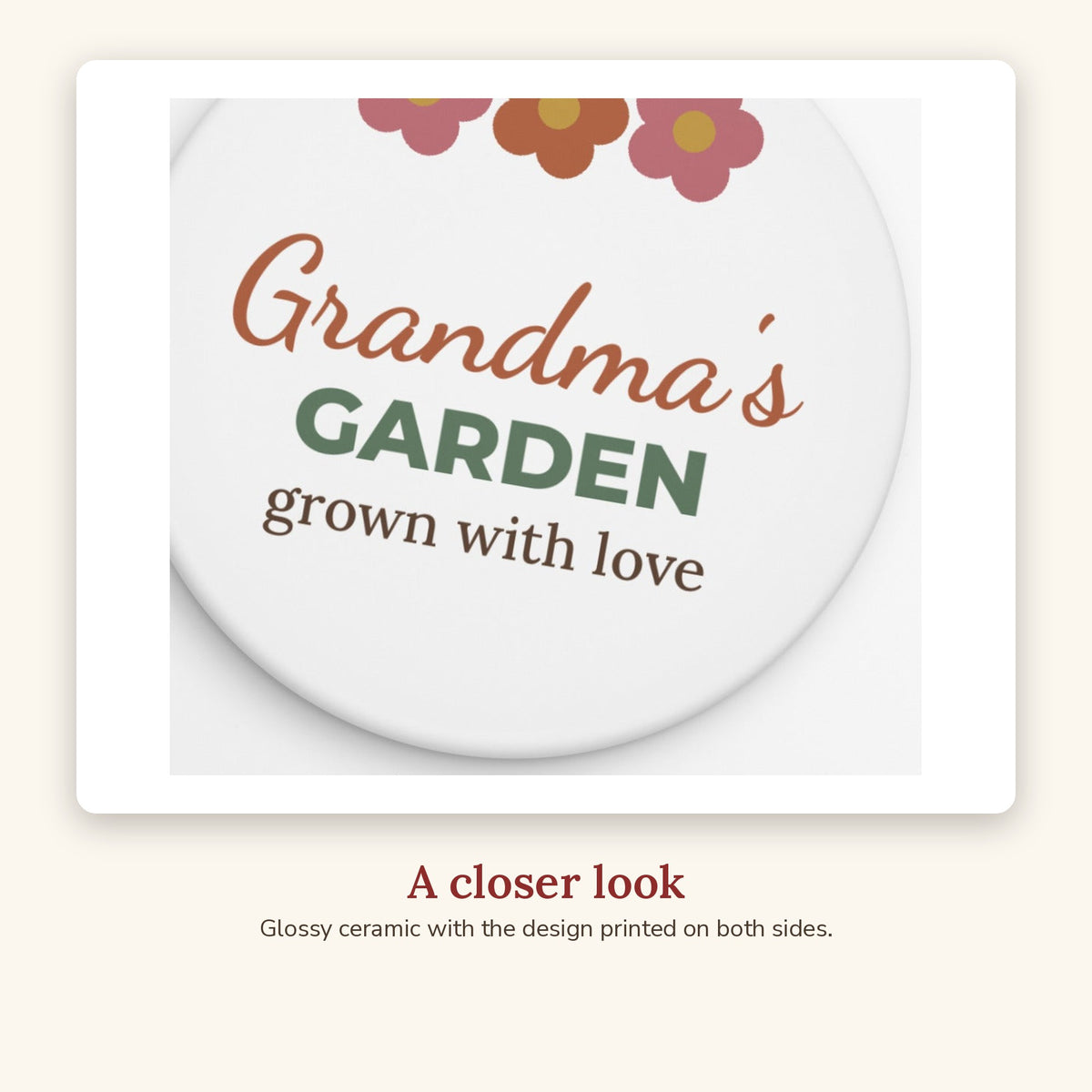 Close-up of the Grandma's Garden Ceramic Christmas Ornament design