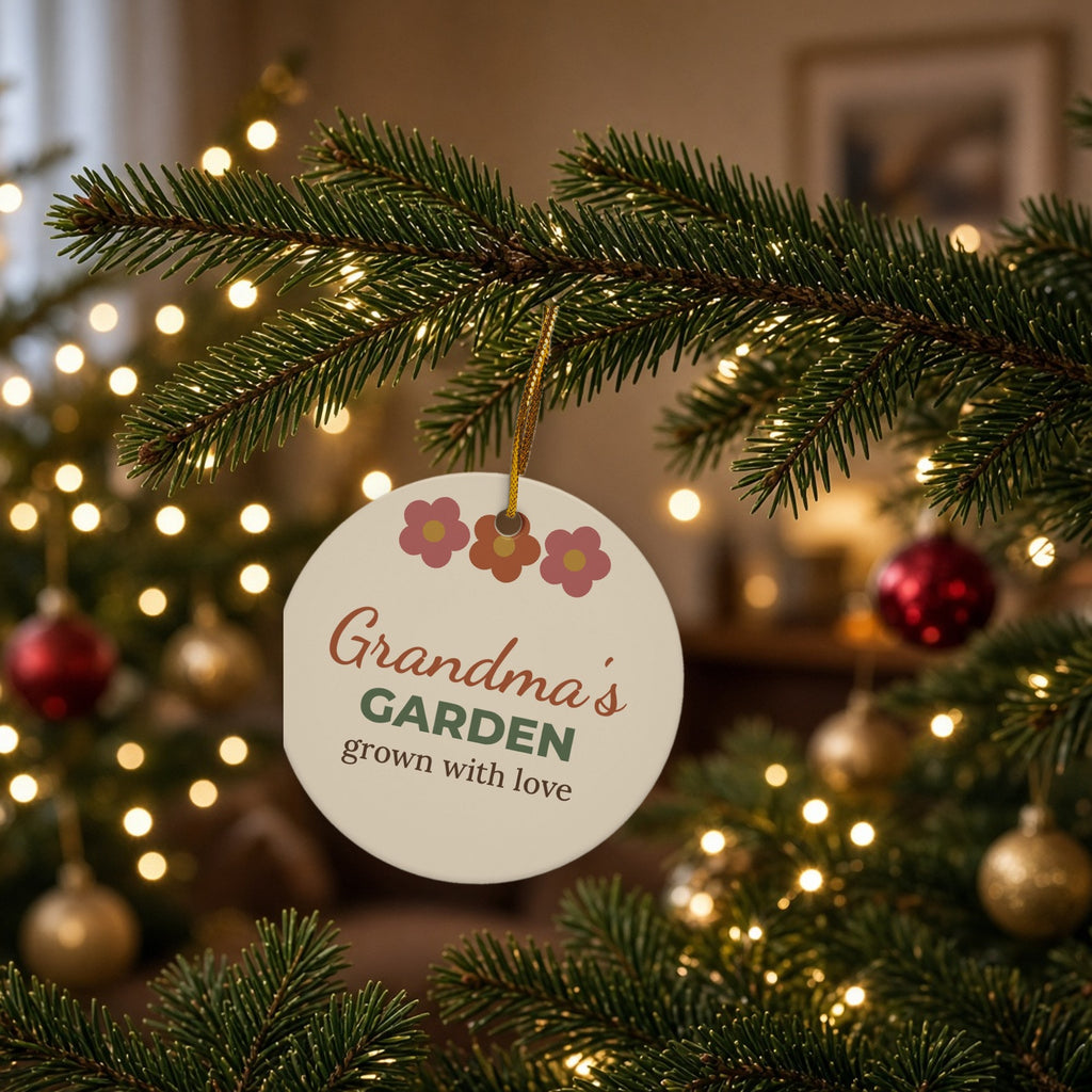 Grandma's Garden ceramic ornament hanging on a Christmas tree