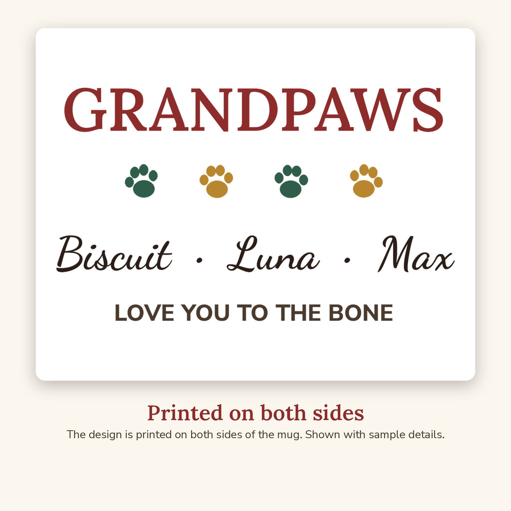 Close-up of the Grandpaws Personalized Pet Names Mug (11oz) design