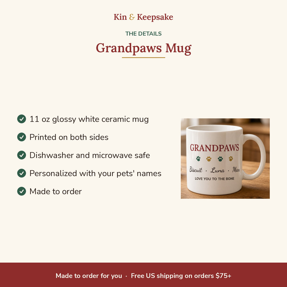 Grandpaws Personalized Pet Names Mug (11oz) details