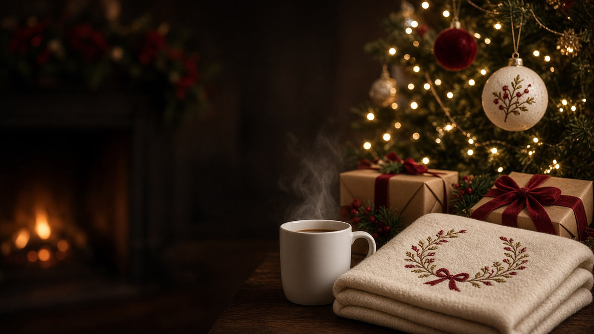 Cozy Christmas scene: an embroidered blanket, a mug of cocoa and wrapped gifts by a lit tree and fireplace
