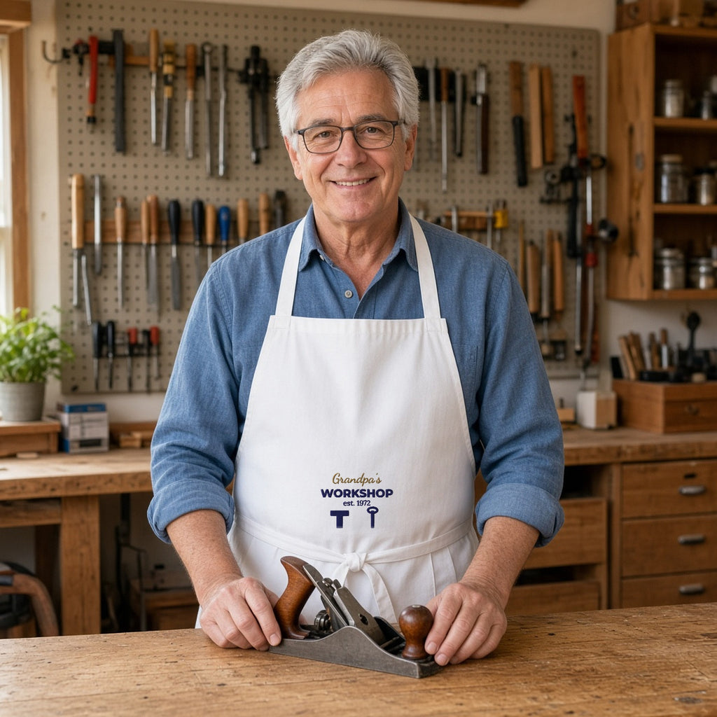 Grandpa's Workshop apron worn at a woodworking bench — lifestyle photo with the real embroidery design