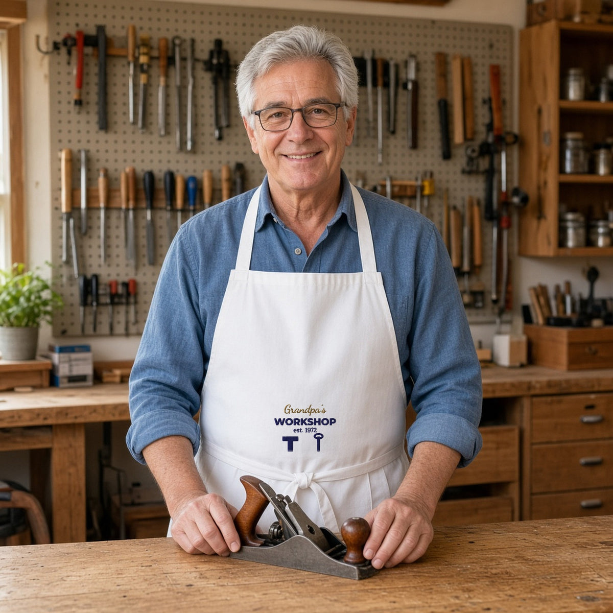 Grandpa's Workshop apron worn at a woodworking bench — lifestyle photo with the real embroidery design