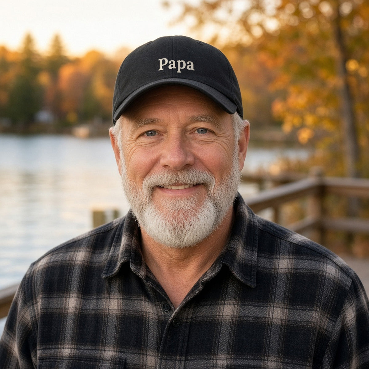 Papa embroidered black dad hat worn by the lake — lifestyle photo with the real embroidery design