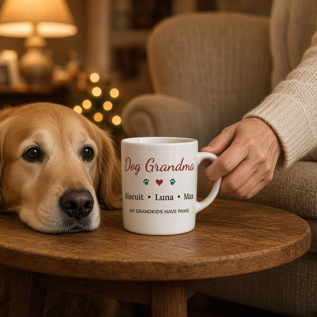 Dog Grandma personalized 11oz mug on a side table next to a golden retriever — lifestyle photo with the real print design. Shown with sample names.