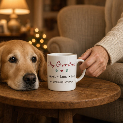Dog Grandma personalized 11oz mug on a side table next to a golden retriever — lifestyle photo with the real print design. Shown with sample names.