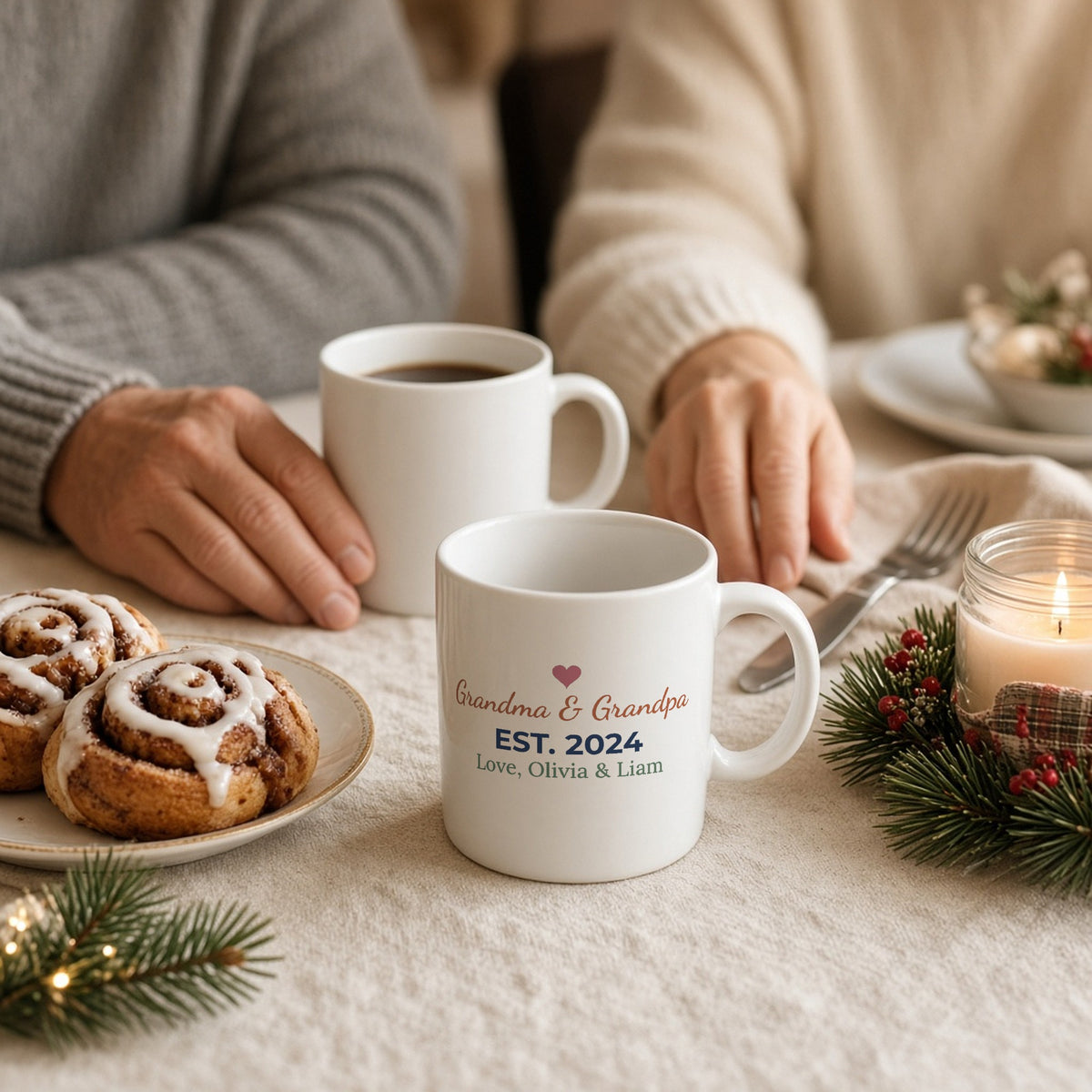 Personalized Grandparents Est. Year 11oz mug on a holiday breakfast table — lifestyle photo with the real print design. Shown with sample names.