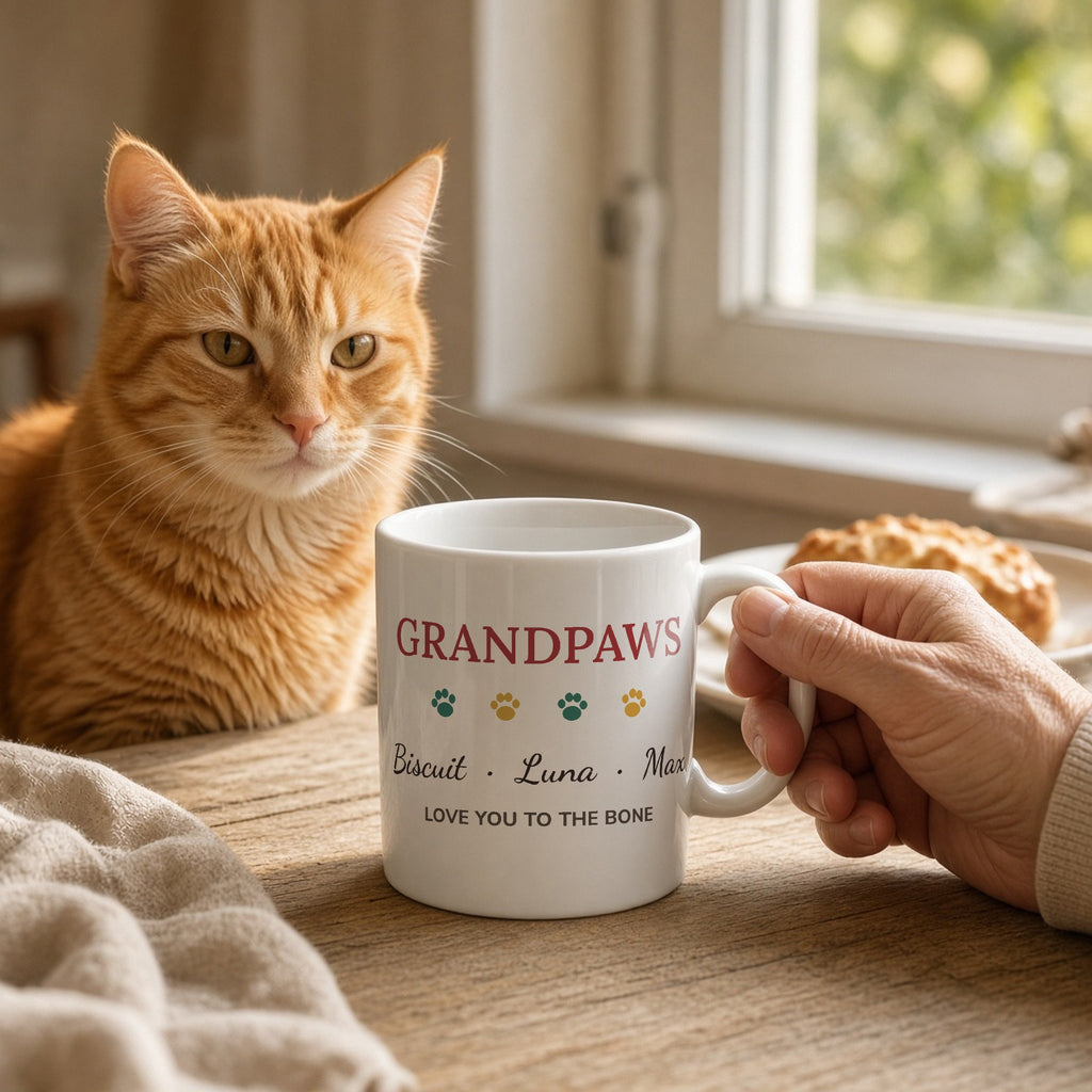 Grandpaws personalized pet names 11oz mug on a breakfast table with a cat — lifestyle photo with the real print design. Shown with sample names.