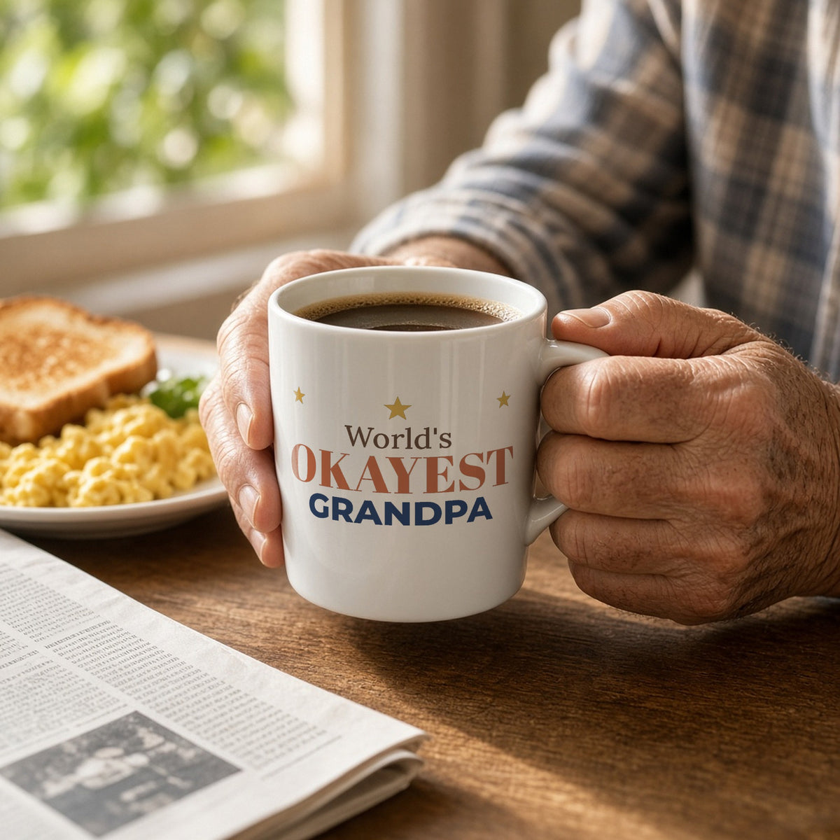 World's Okayest Grandpa 11oz mug held at a sunny breakfast table — lifestyle photo with the real print design