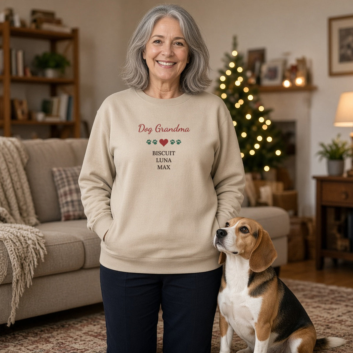 Pet Grandparent personalized sweatshirt (Sand, Dog Grandma) worn at home with a beagle — lifestyle photo with the real print design. Shown with sample names.
