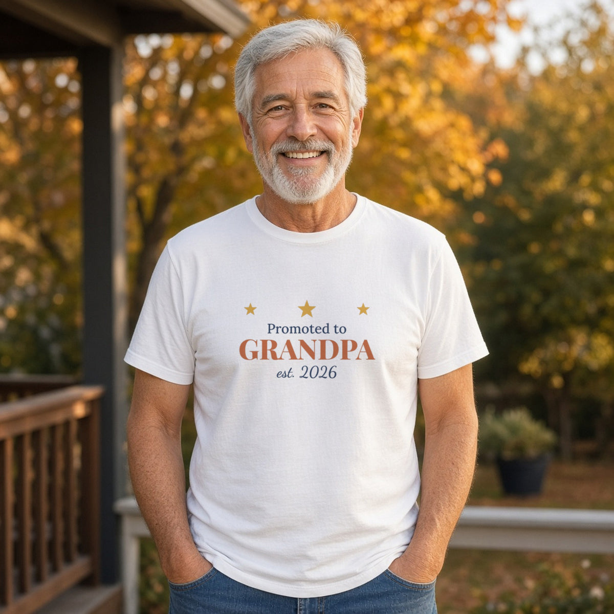 Promoted to Grandpa t-shirt (White) worn outdoors — lifestyle photo with the real print design