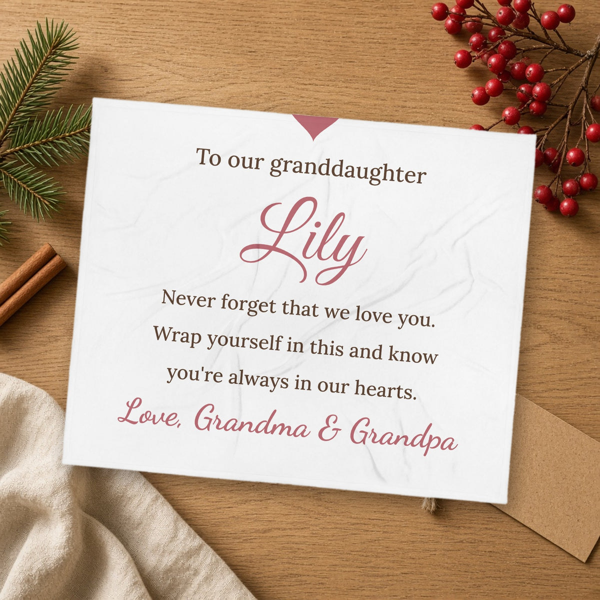Love, Grandma & Grandpa Personalized Granddaughter Blanket, shown in a cozy setting