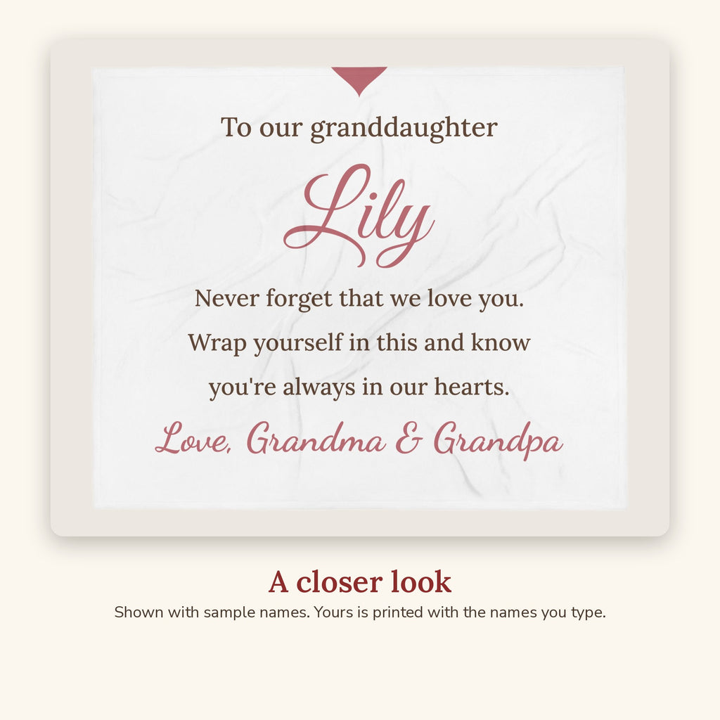 Close-up of the Love, Grandma & Grandpa Personalized Granddaughter Blanket design