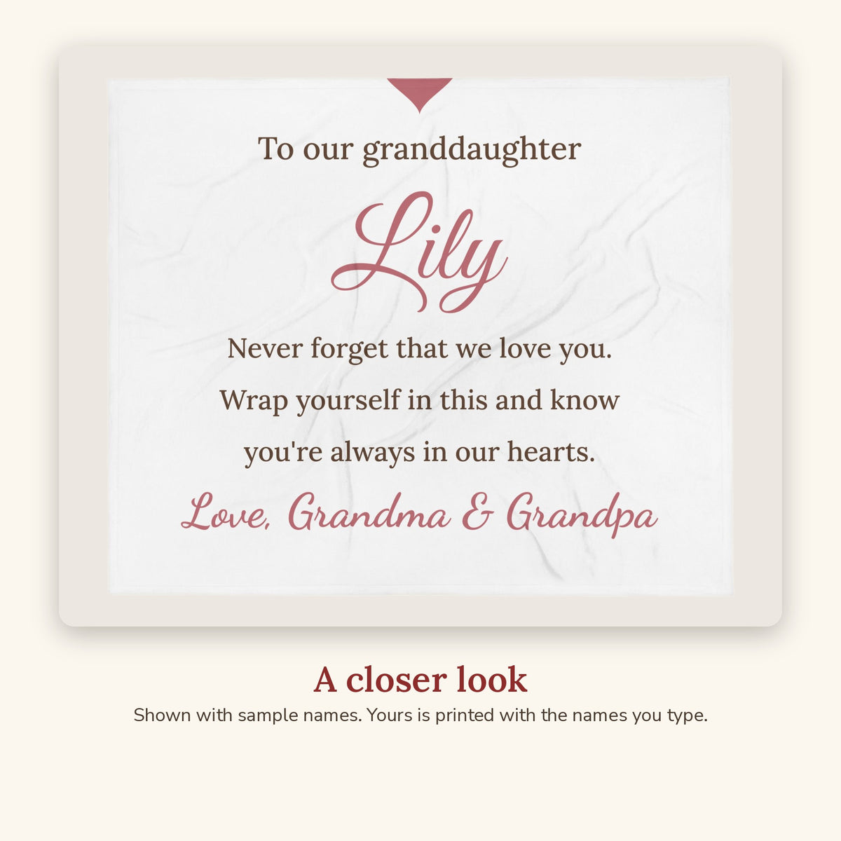 Close-up of the Love, Grandma & Grandpa Personalized Granddaughter Blanket design