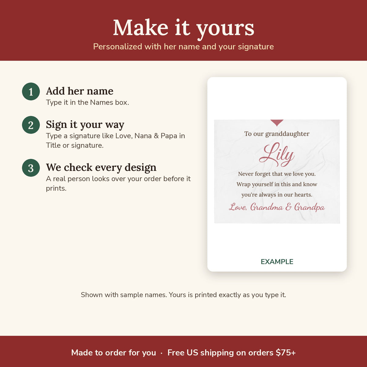 How to personalize the Love, Grandma & Grandpa Personalized Granddaughter Blanket