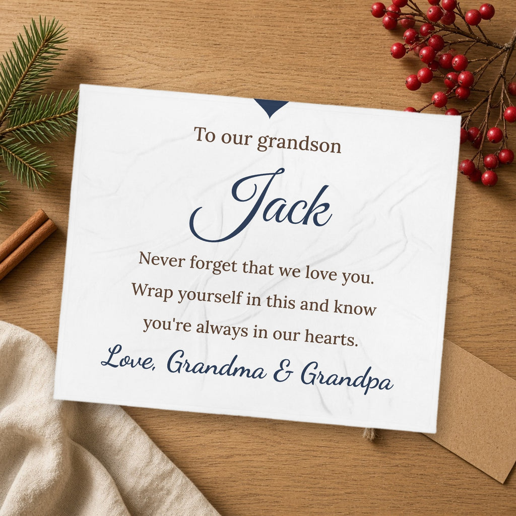 Love, Grandma & Grandpa Personalized Grandson Blanket, shown in a cozy setting