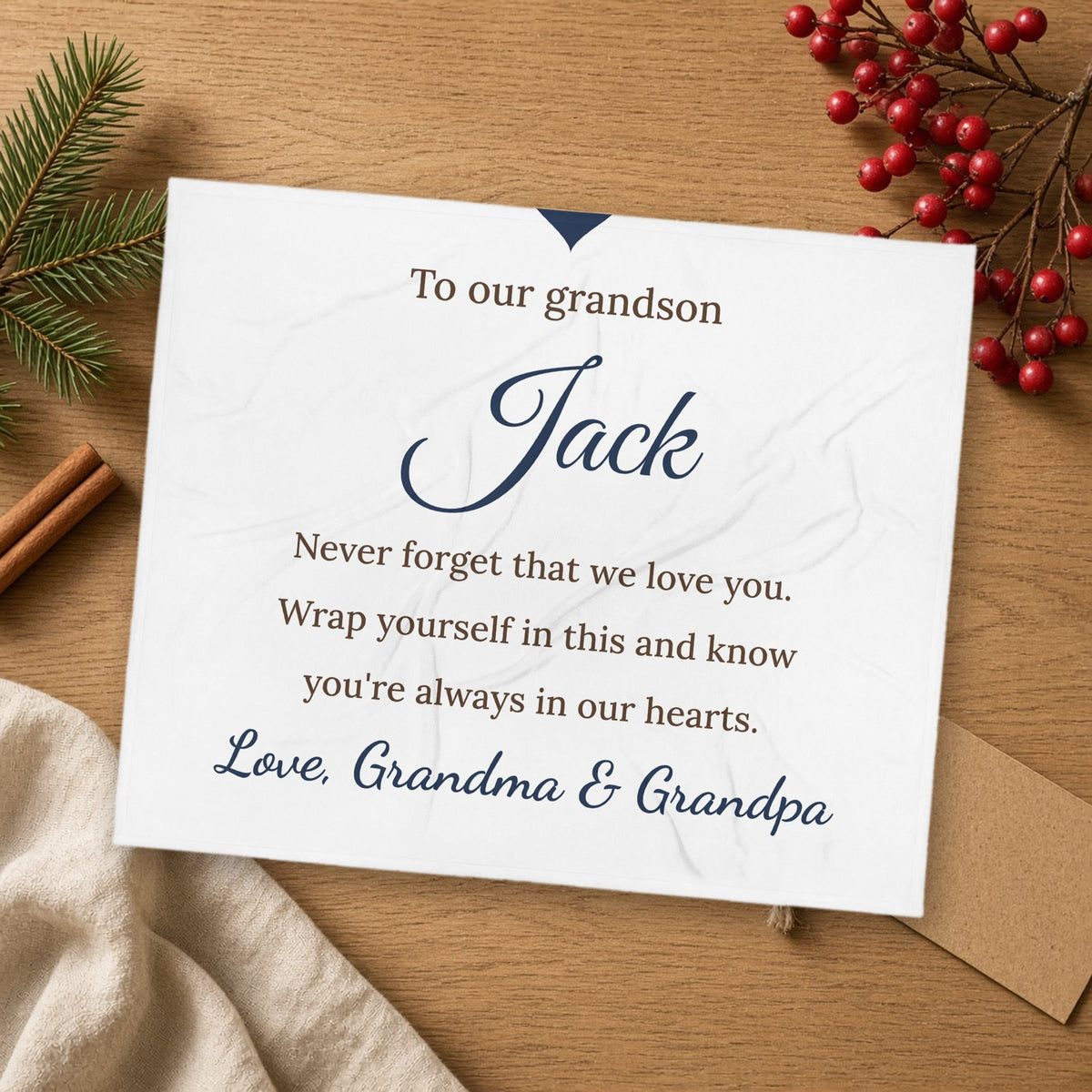 Love, Grandma & Grandpa Personalized Grandson Blanket, shown in a cozy setting
