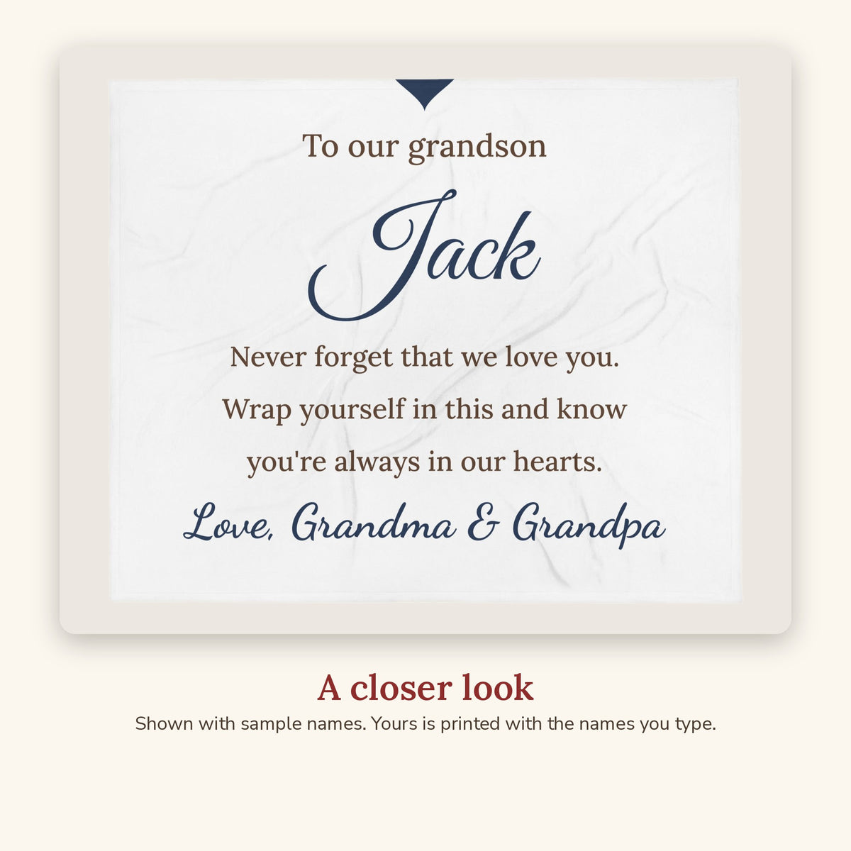 Close-up of the Love, Grandma & Grandpa Personalized Grandson Blanket design