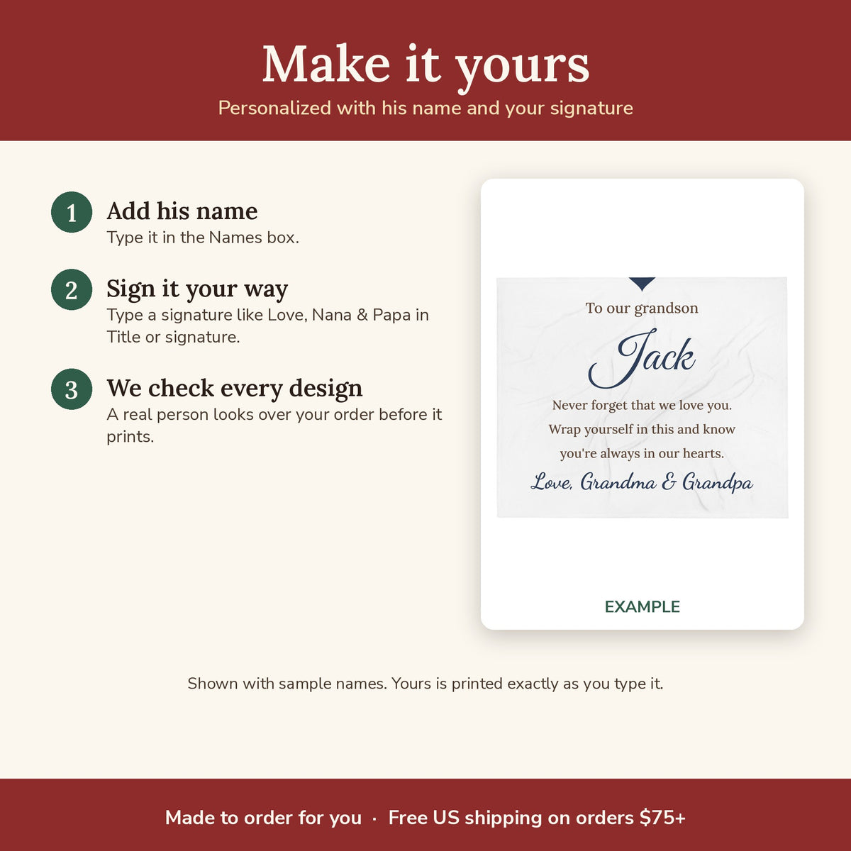 How to personalize the Love, Grandma & Grandpa Personalized Grandson Blanket