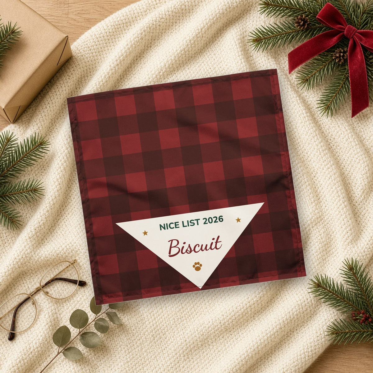 Nice List Personalized Holiday Pet Bandana, shown in a cozy setting