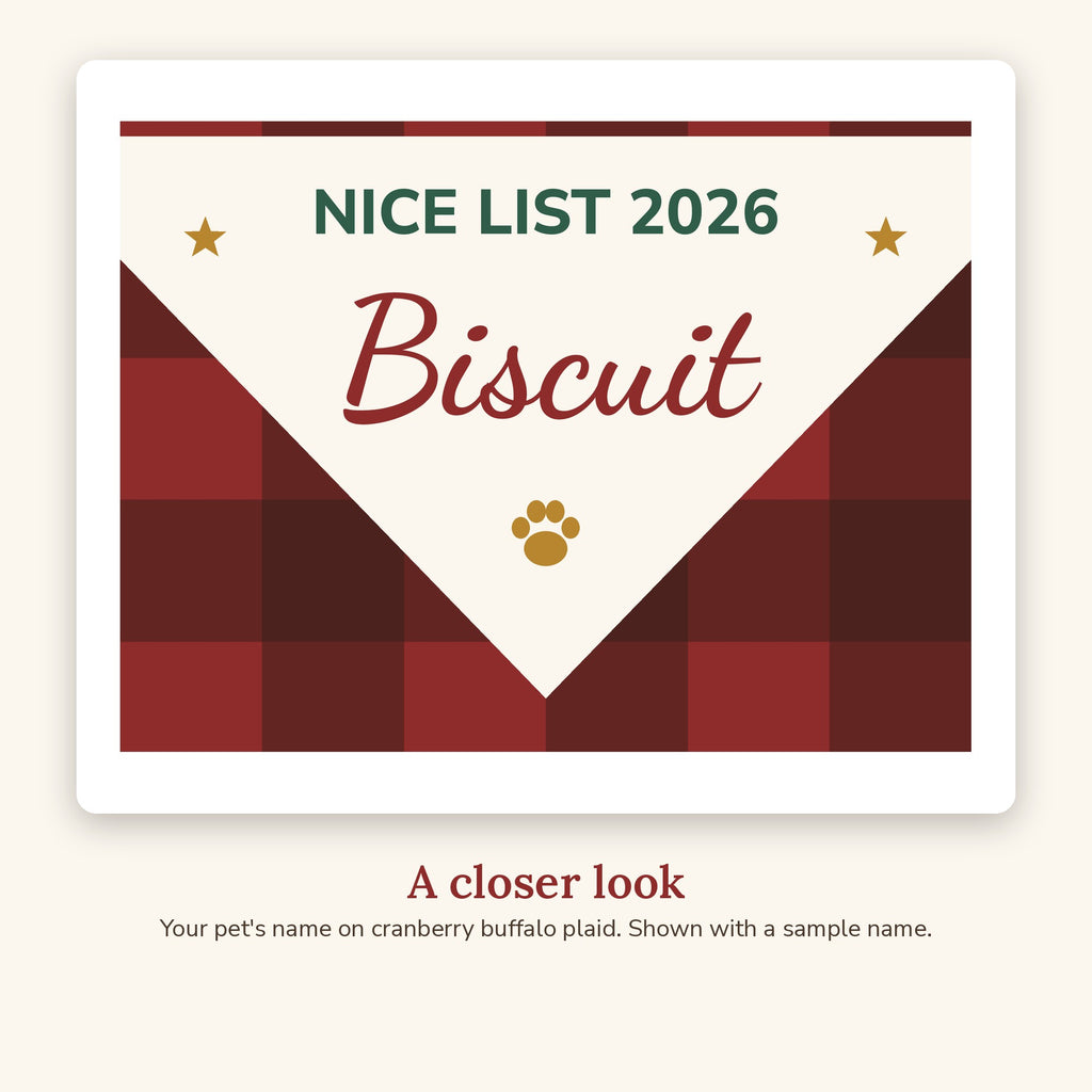 Close-up of the Nice List Personalized Holiday Pet Bandana design
