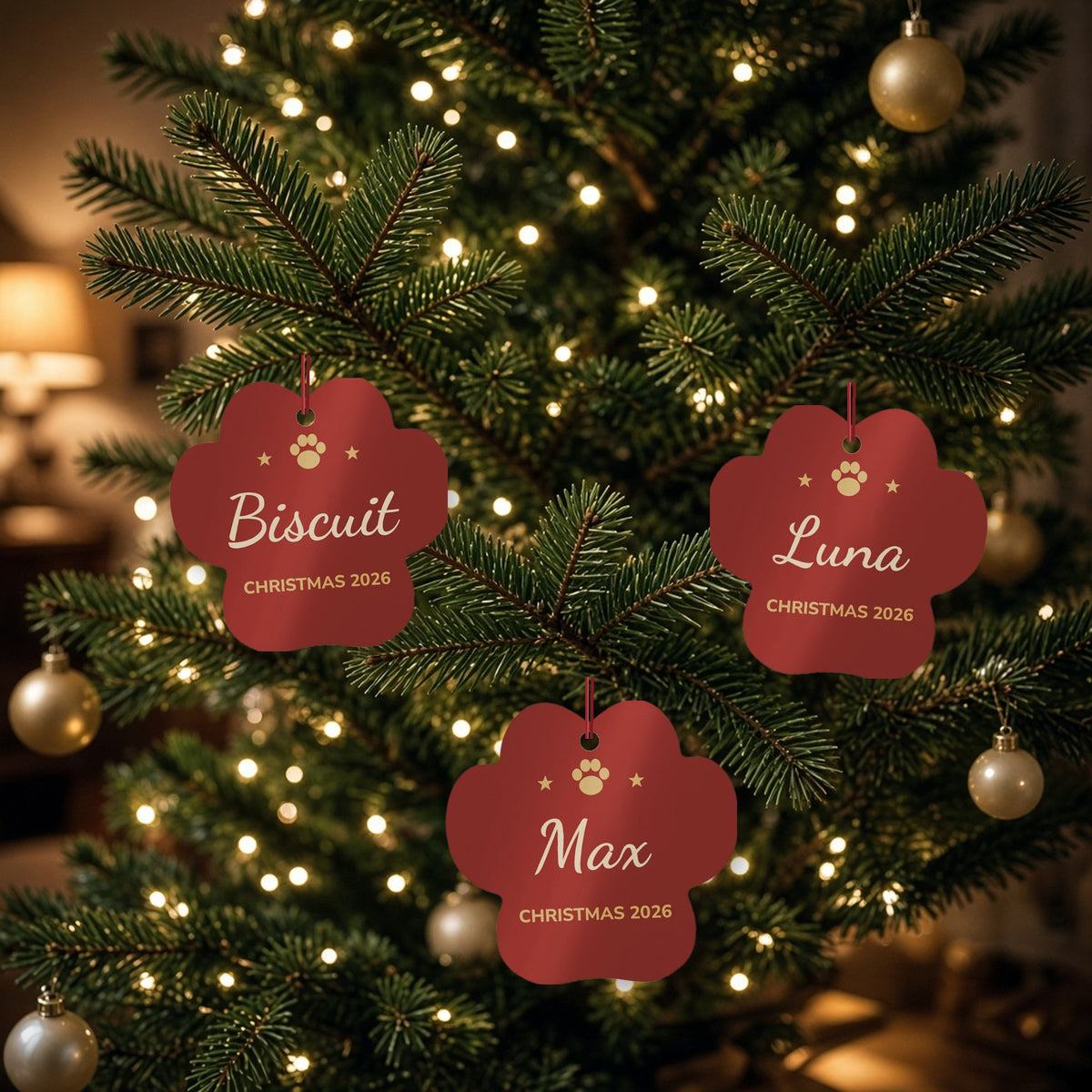 Three Personalized Paw Christmas Ornaments 2026 on a Christmas tree, one for each pet. Shown with sample names: Biscuit, Luna and Max.