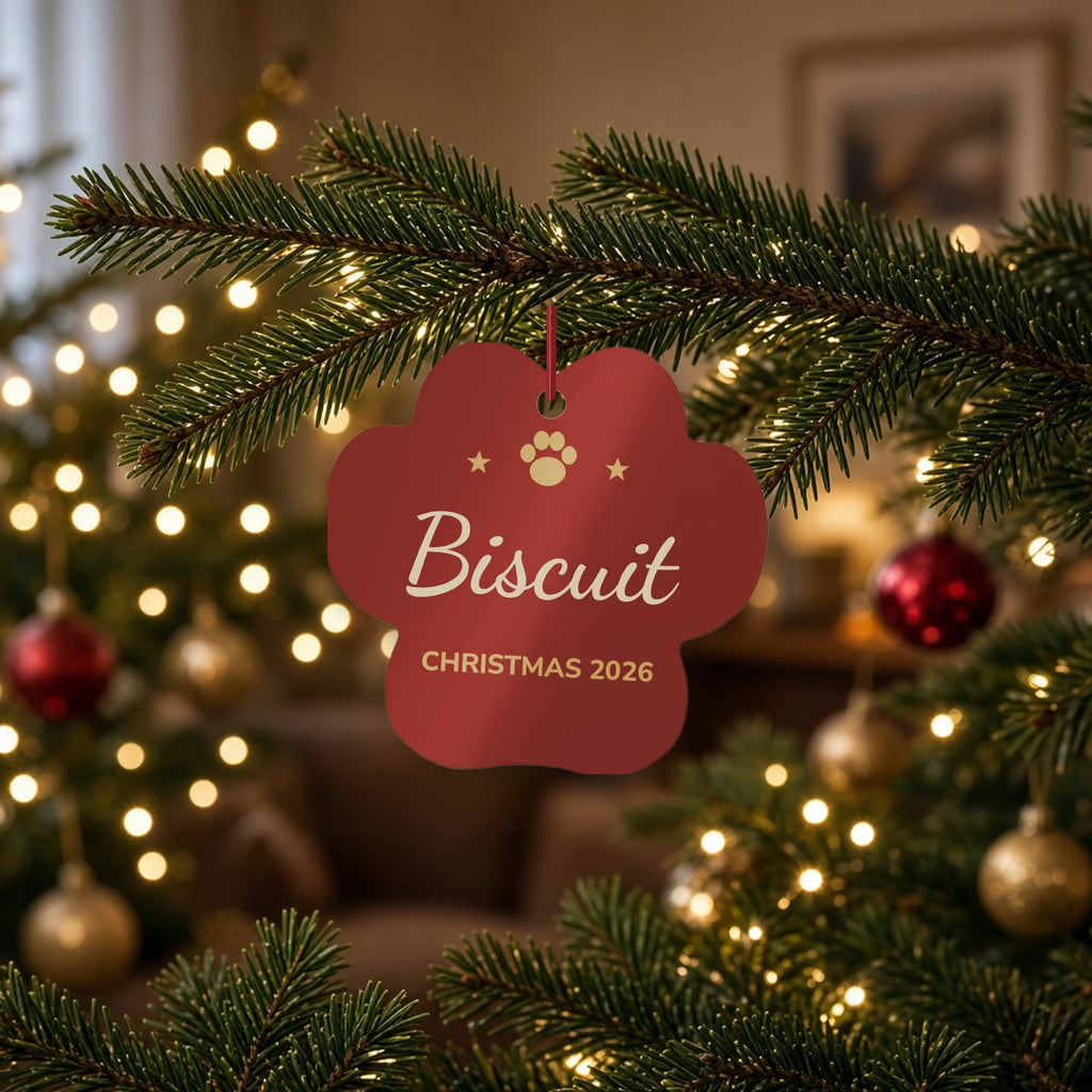 Personalized Paw Christmas Ornament 2026 hanging on a Christmas tree. Shown with a sample name.