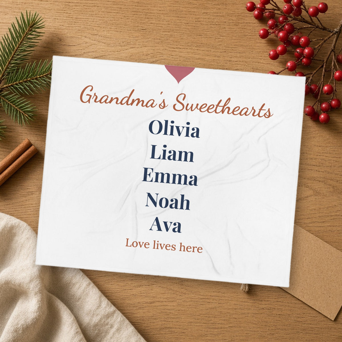 Personalized Grandkids' Names Fleece Blanket, shown in a cozy setting