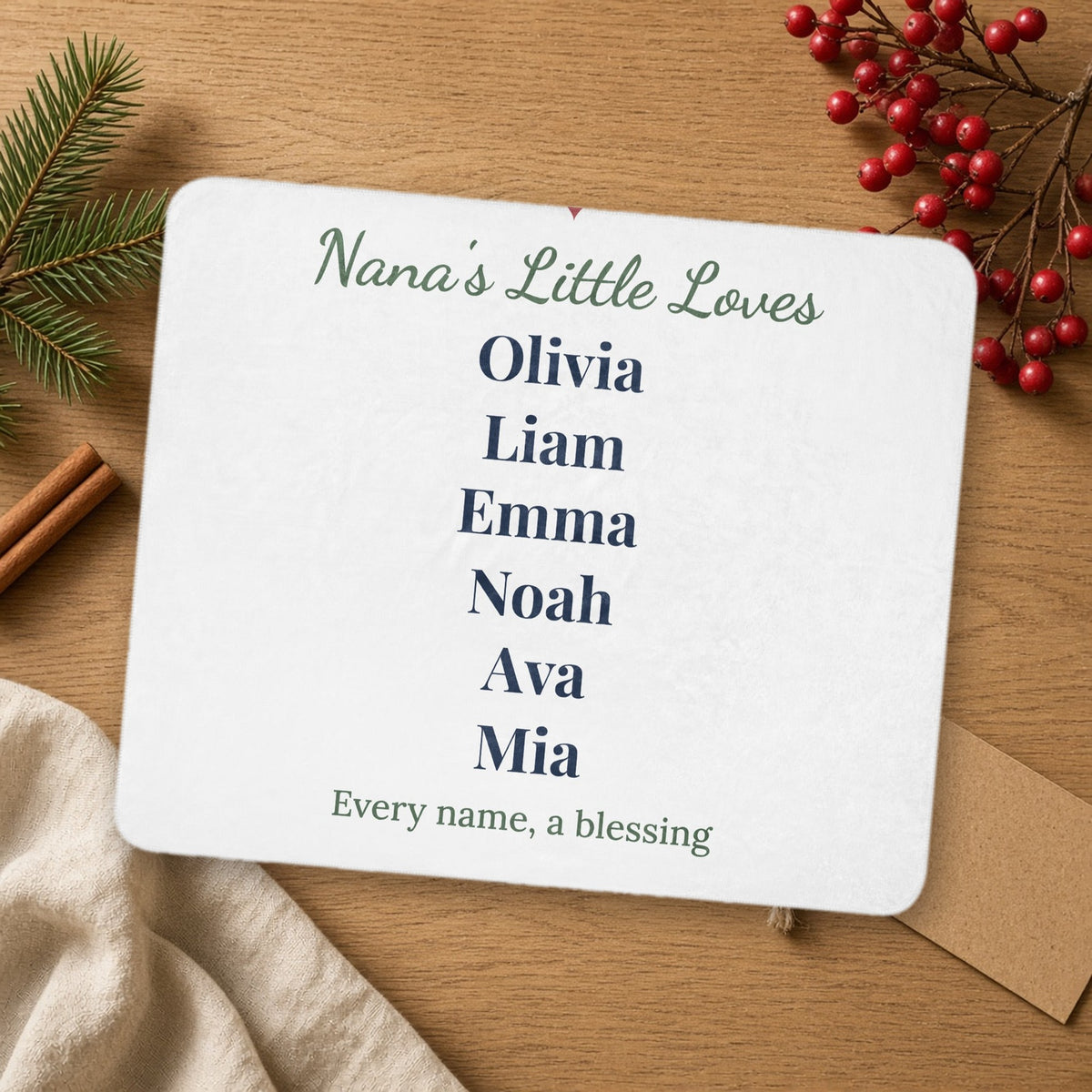 Personalized Grandkids' Names Sherpa Blanket, shown in a cozy setting