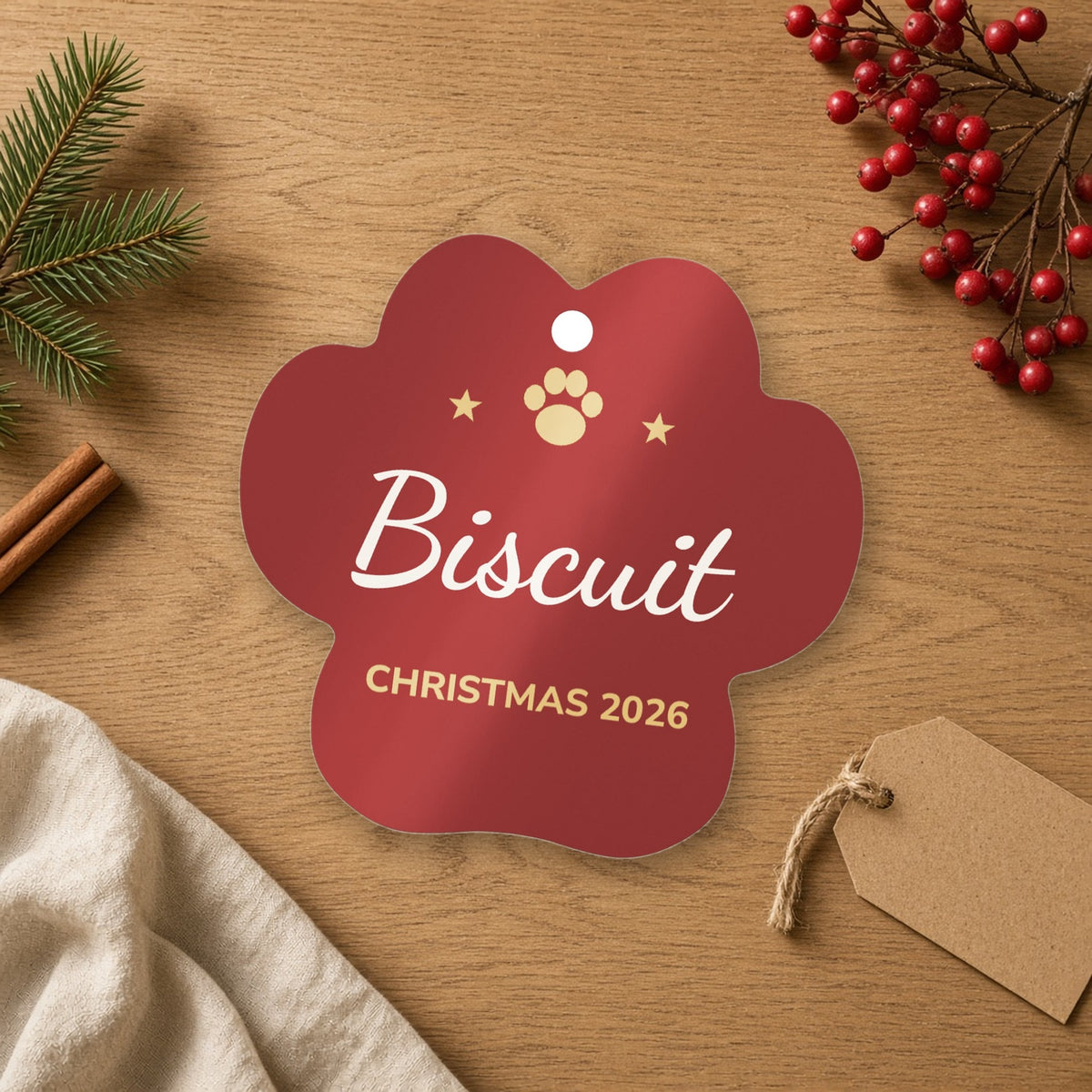 Personalized Paw Christmas Ornament 2026, shown in a cozy setting