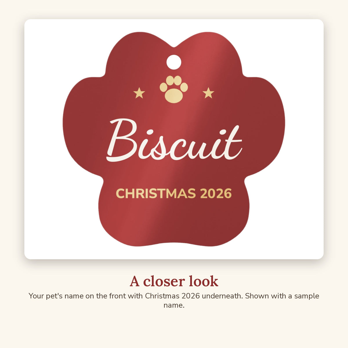 Close-up of the Personalized Paw Christmas Ornament 2026 design
