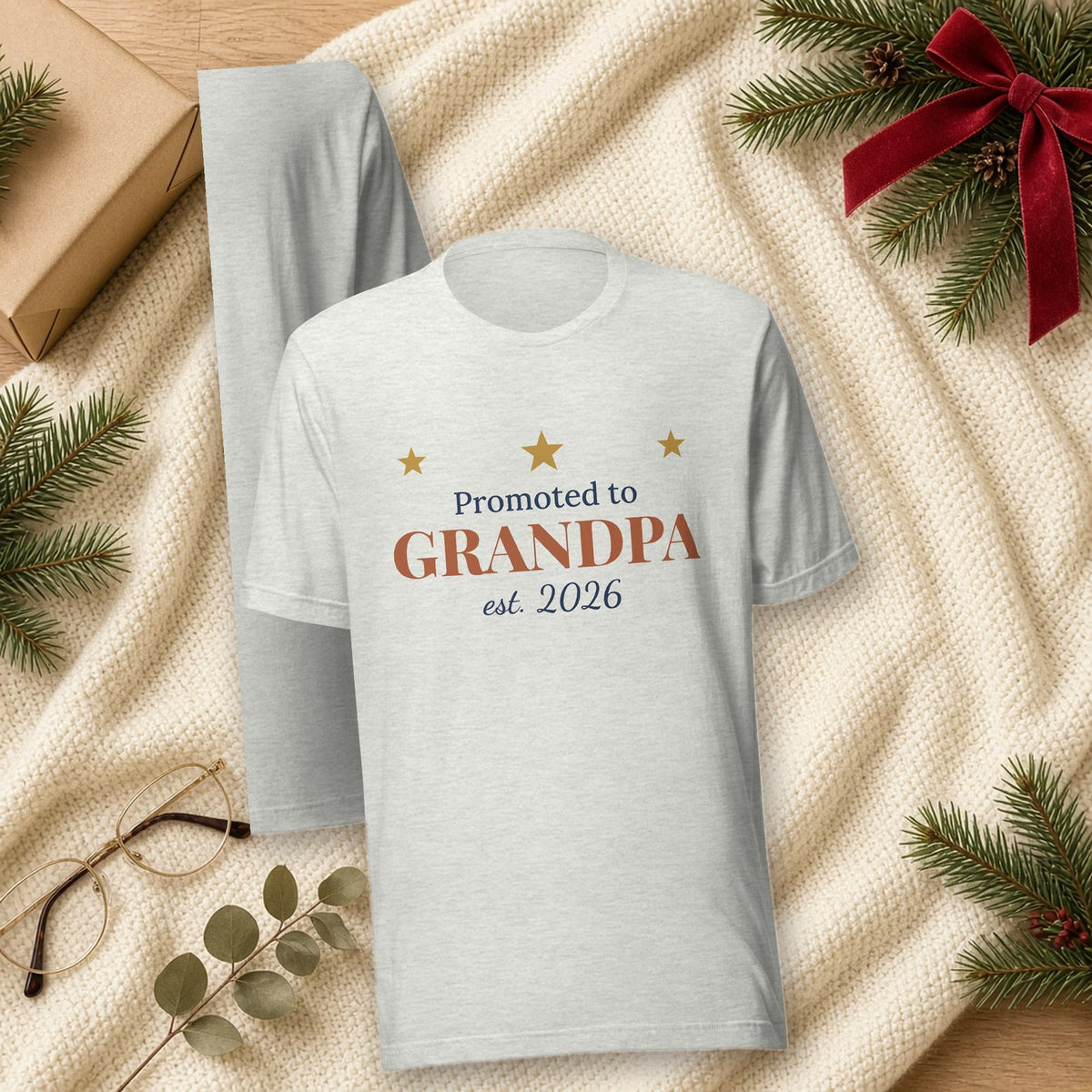 Promoted to Grandpa T-Shirt, shown in a cozy setting